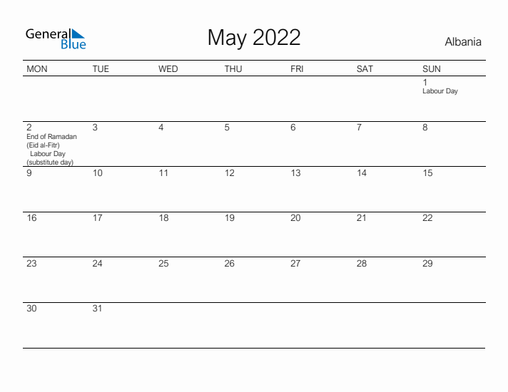 Printable May 2022 Calendar for Albania