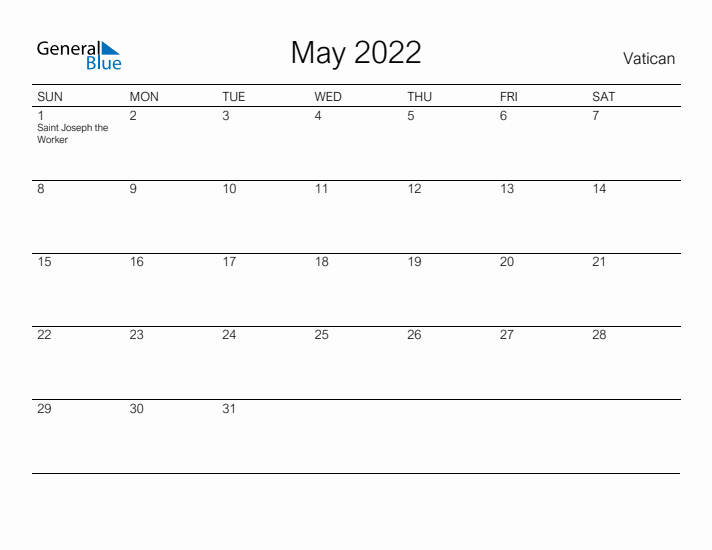 Printable May 2022 Calendar for Vatican