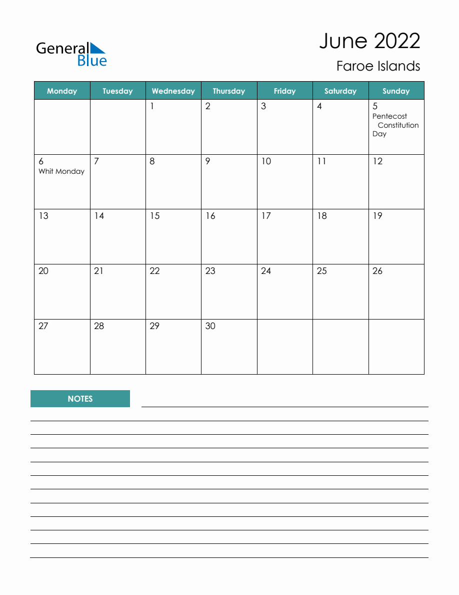 Monthly Planner with Faroe Islands Holidays - June 2022 (Monday Start)