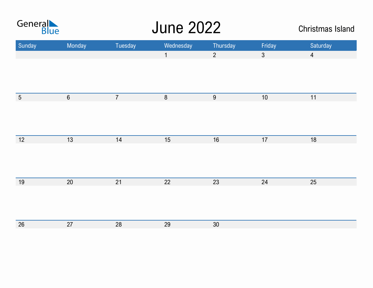 June 2022 Monthly Calendars with Christmas Island Holidays