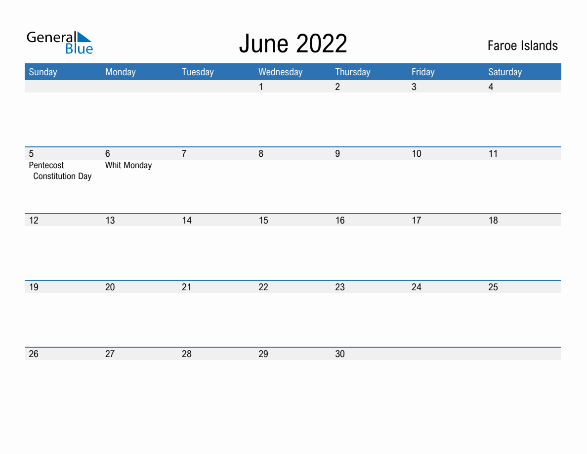 Editable June 2022 Calendar with Faroe Islands Holidays