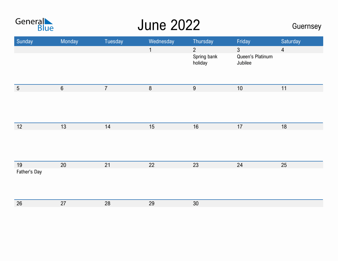 June 2022 Monthly Calendars with Guernsey Holidays
