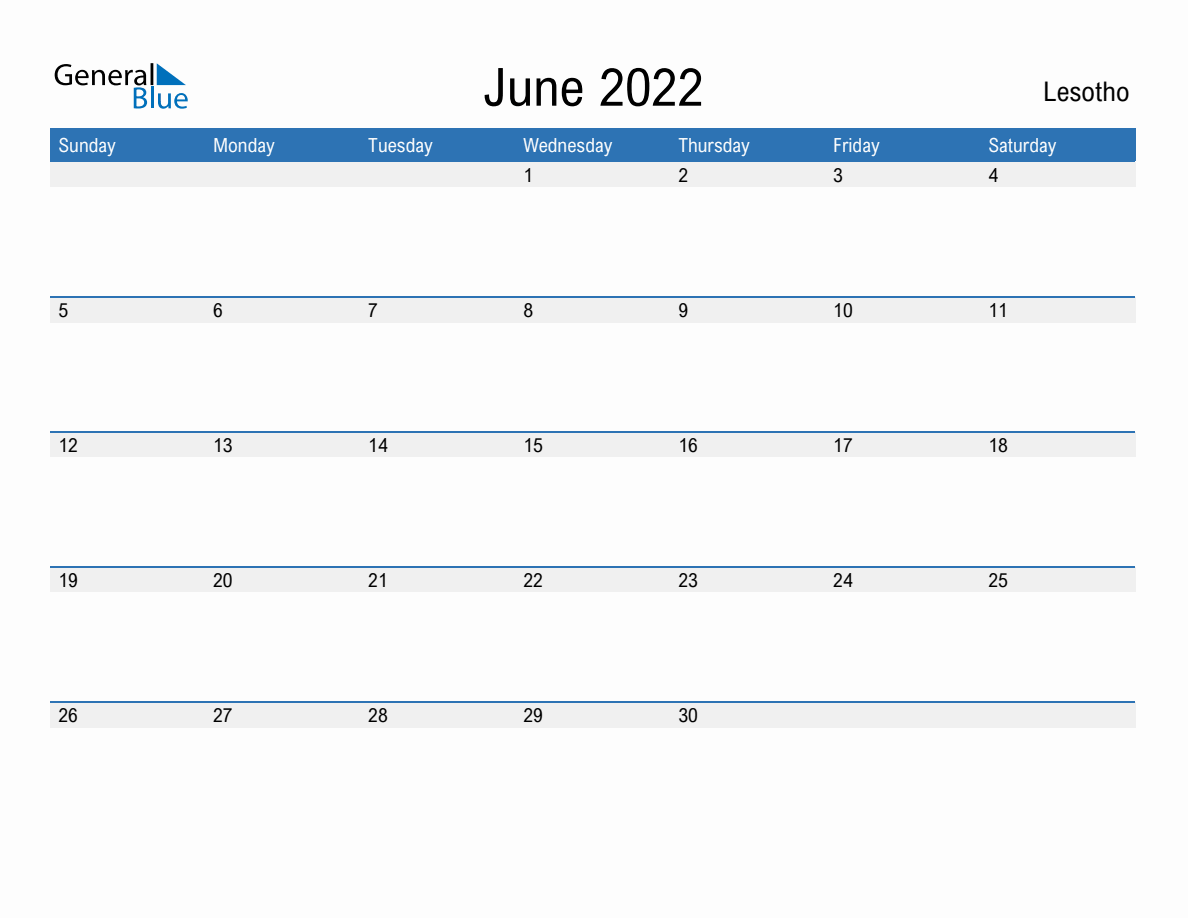 June 2022 Monthly Calendars with Lesotho Holidays