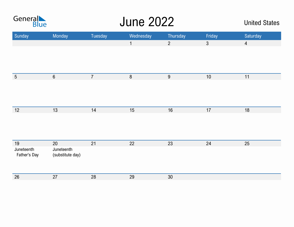 June 2022 Monthly Calendars with United States Holidays