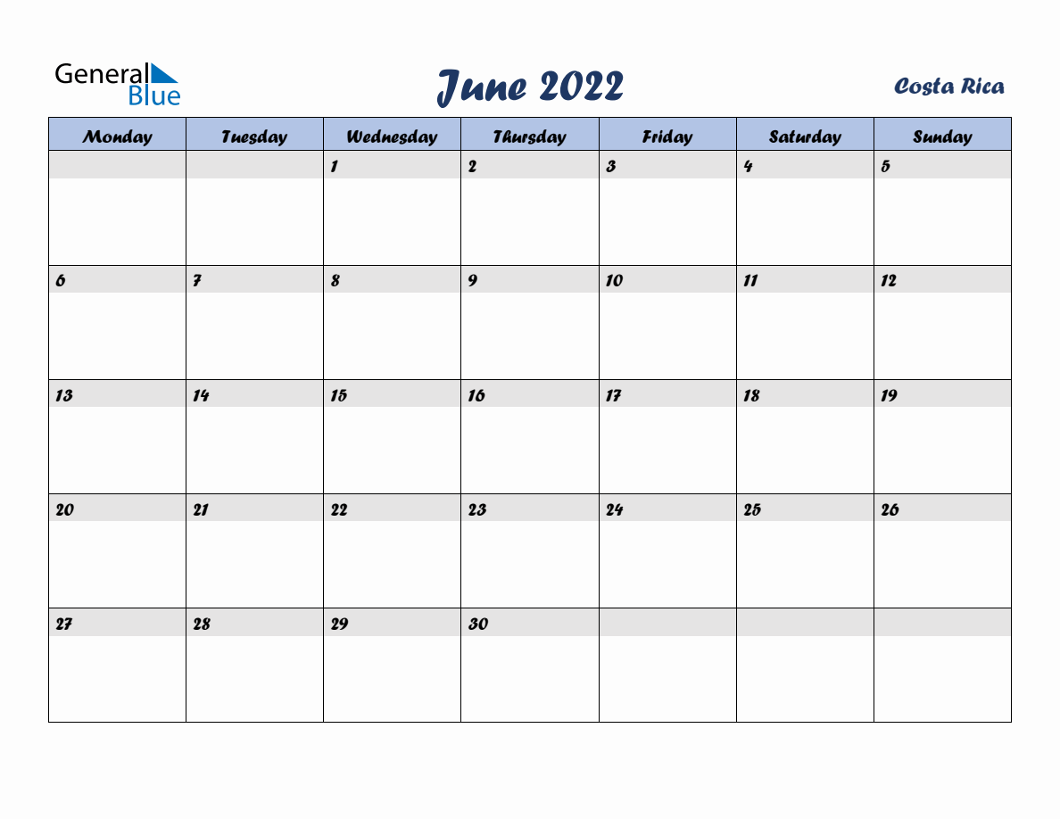 June 2022 Monthly Calendar Template with Holidays for Costa Rica
