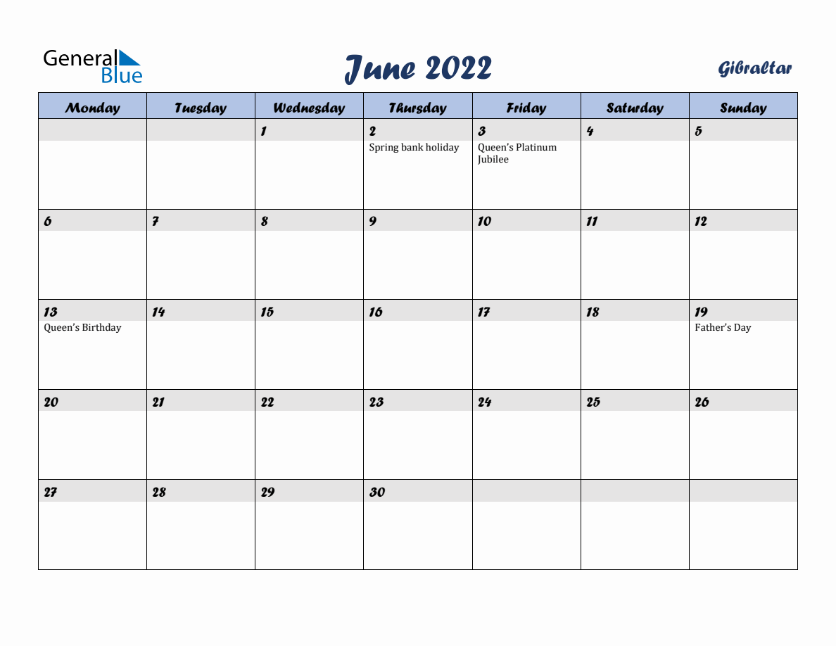 June 2022 Monthly Calendar Template with Holidays for Gibraltar (Monday ...