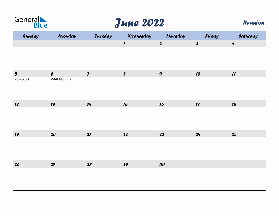 June 2022 Monthly Calendar Template with Holidays for Reunion