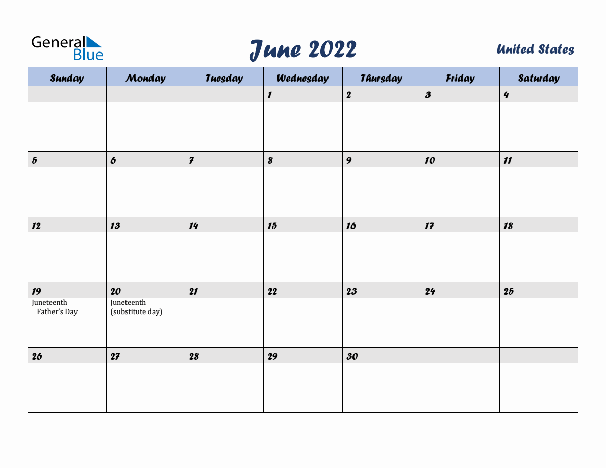 June 2022 Monthly Calendar Template with Holidays for United States