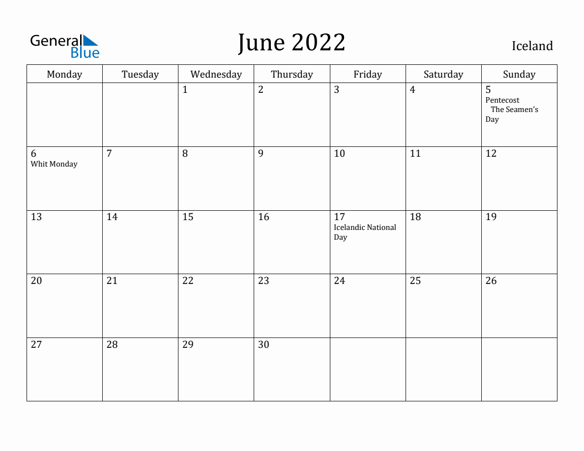 Iceland Monthly Calendar - June 2022 (Monday Start)