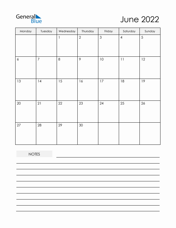 Printable Calendar with Notes - June 2022