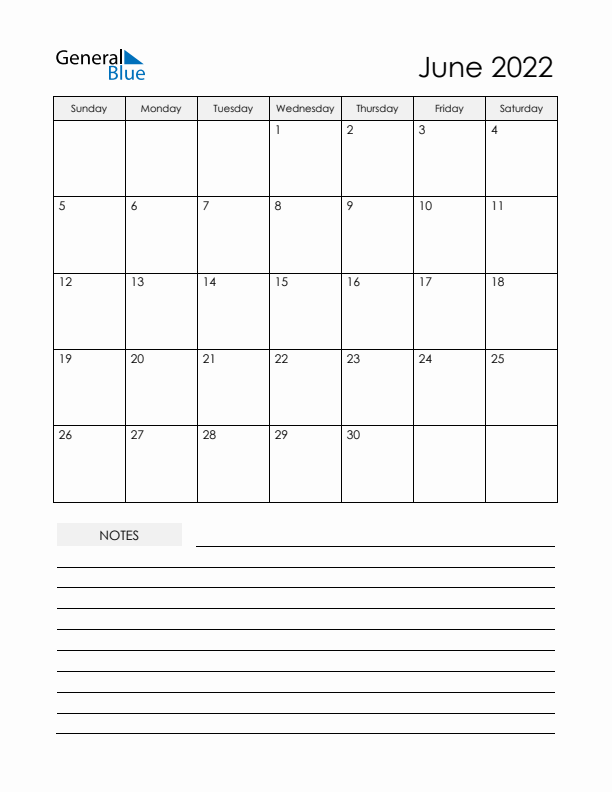 Printable Calendar with Notes - June 2022