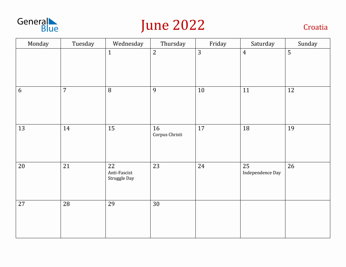 June 2022 Croatia Monthly Calendar with Holidays