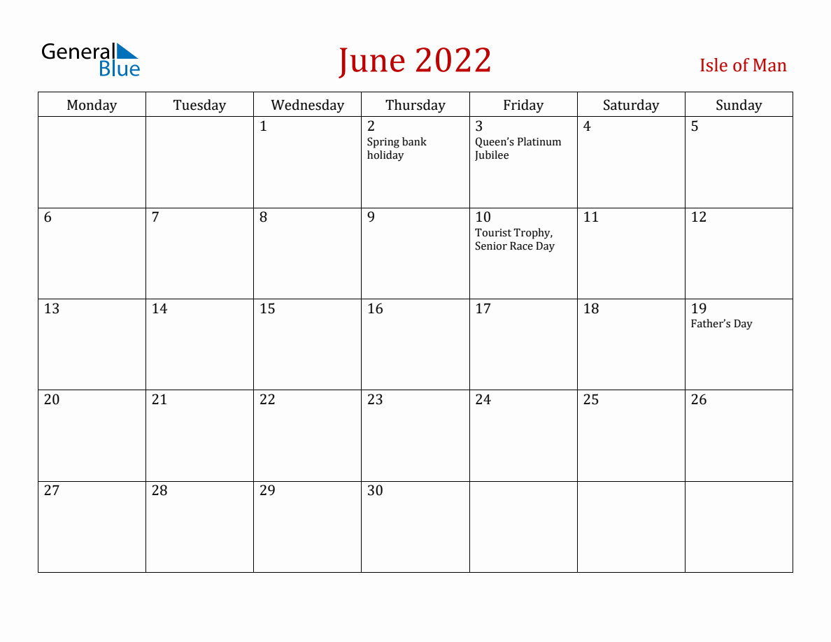 June 2022 Isle of Man Monthly Calendar with Holidays