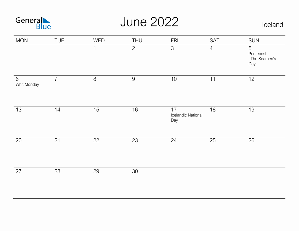 Printable June 2022 Monthly Calendar with Holidays for Iceland