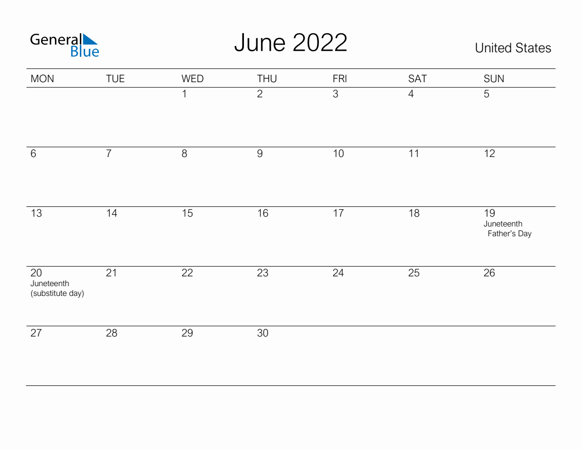 Printable June 2022 Monthly Calendar with Holidays for United States ...