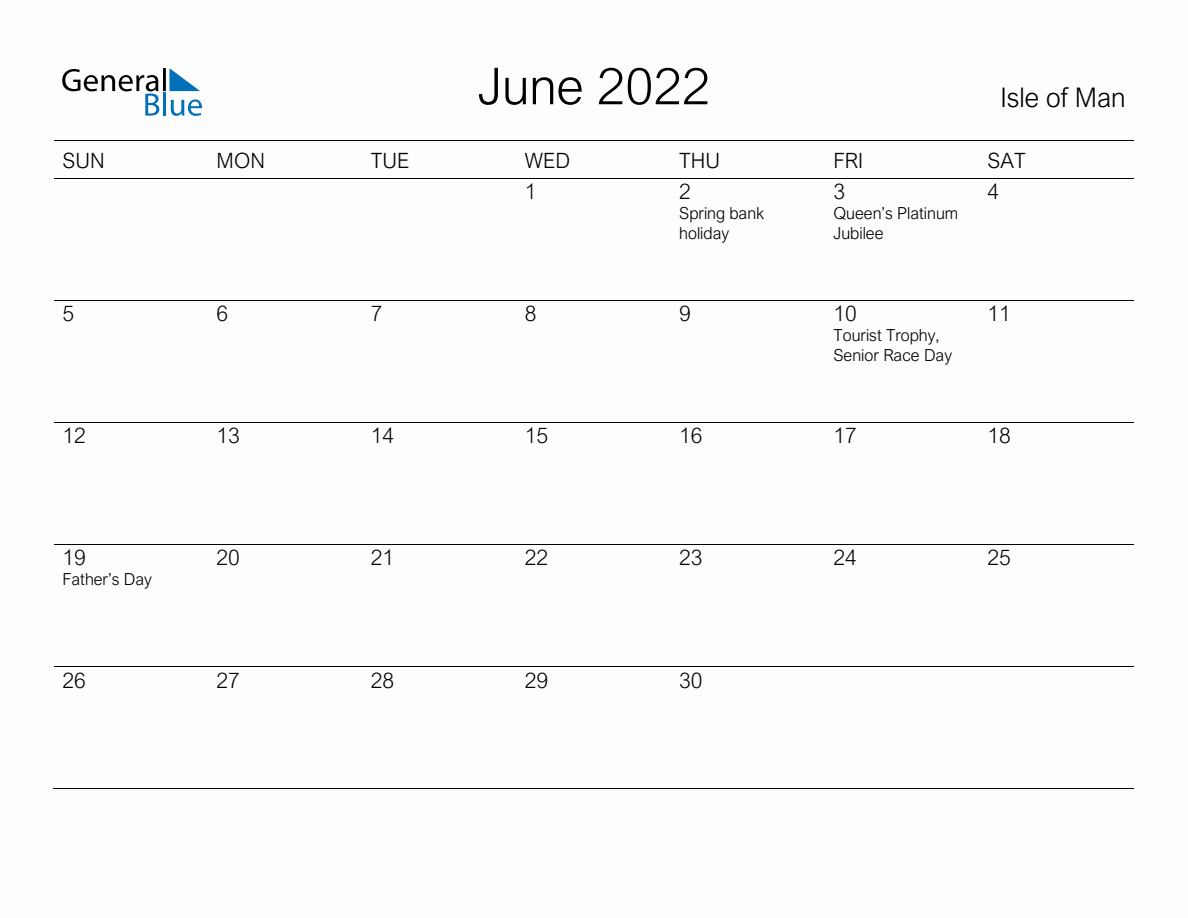 Printable June 2022 Monthly Calendar with Holidays for Isle of Man