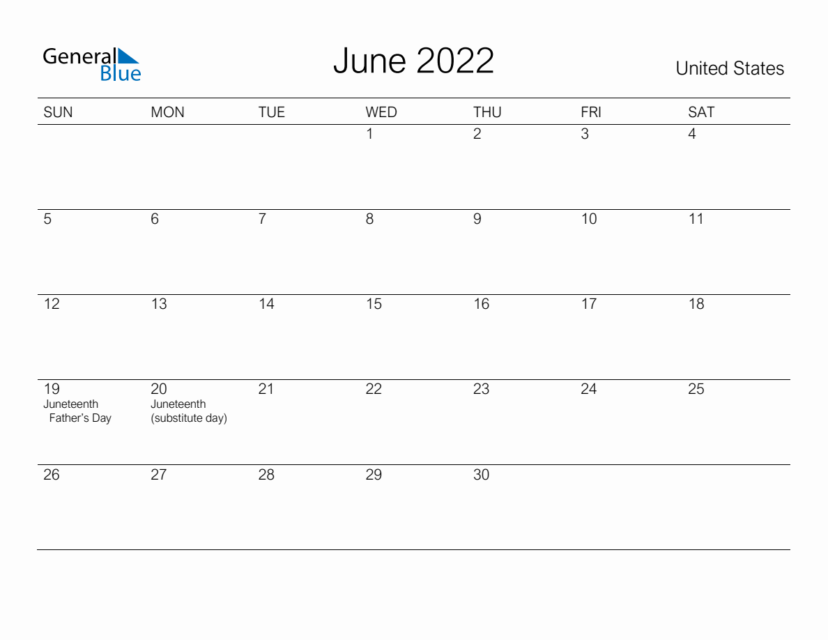 Printable June 2022 Monthly Calendar with Holidays for United States