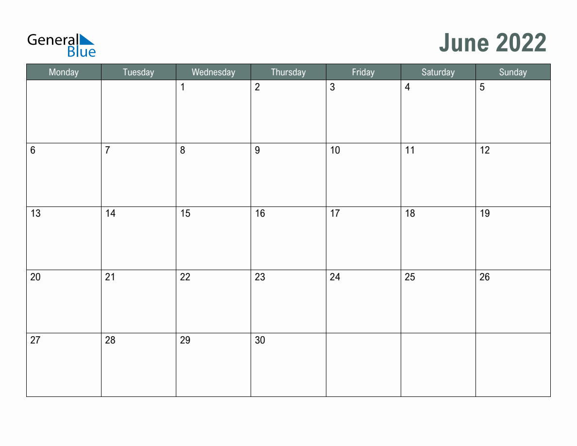 Blank June 2022 Monthly Calendar Template - Monday Start