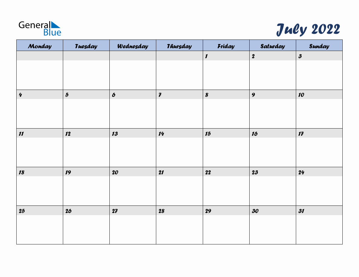 Free July 2022 Monthly Editable Calendar - Monday Start