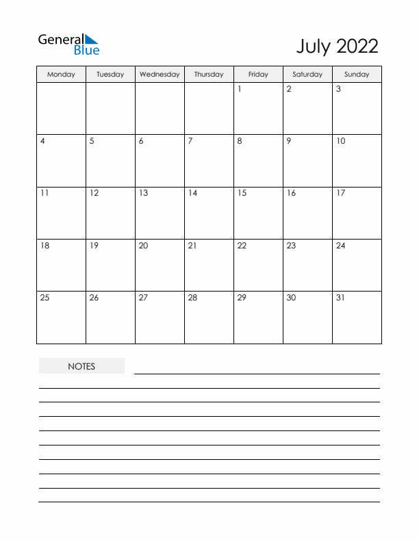 Printable Calendar with Notes - July 2022
