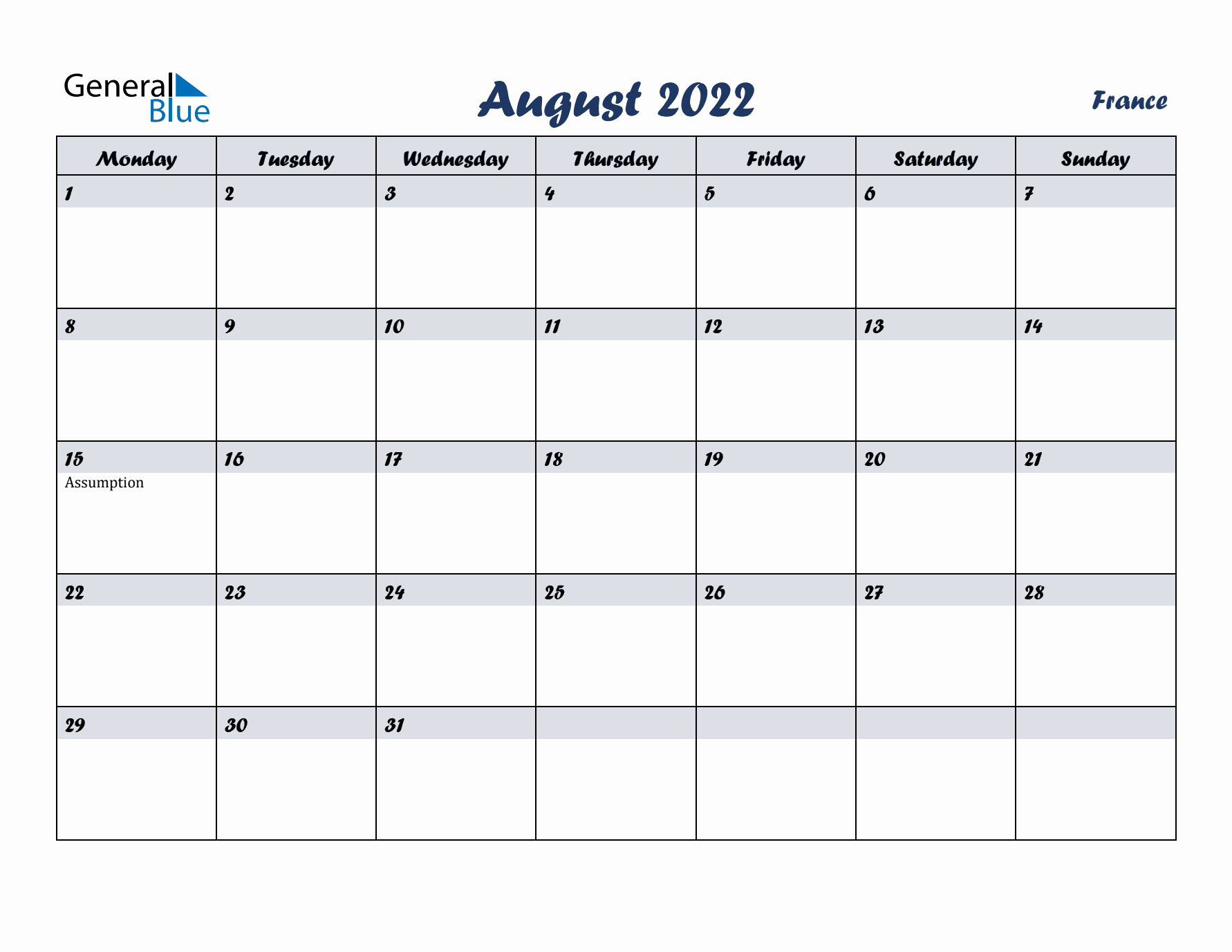 August 2022 Calendar with Holidays in France