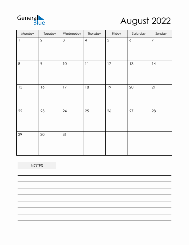 Printable Calendar with Notes - August 2022