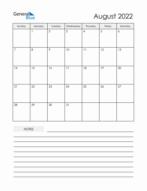 Printable Calendar with Notes - August 2022
