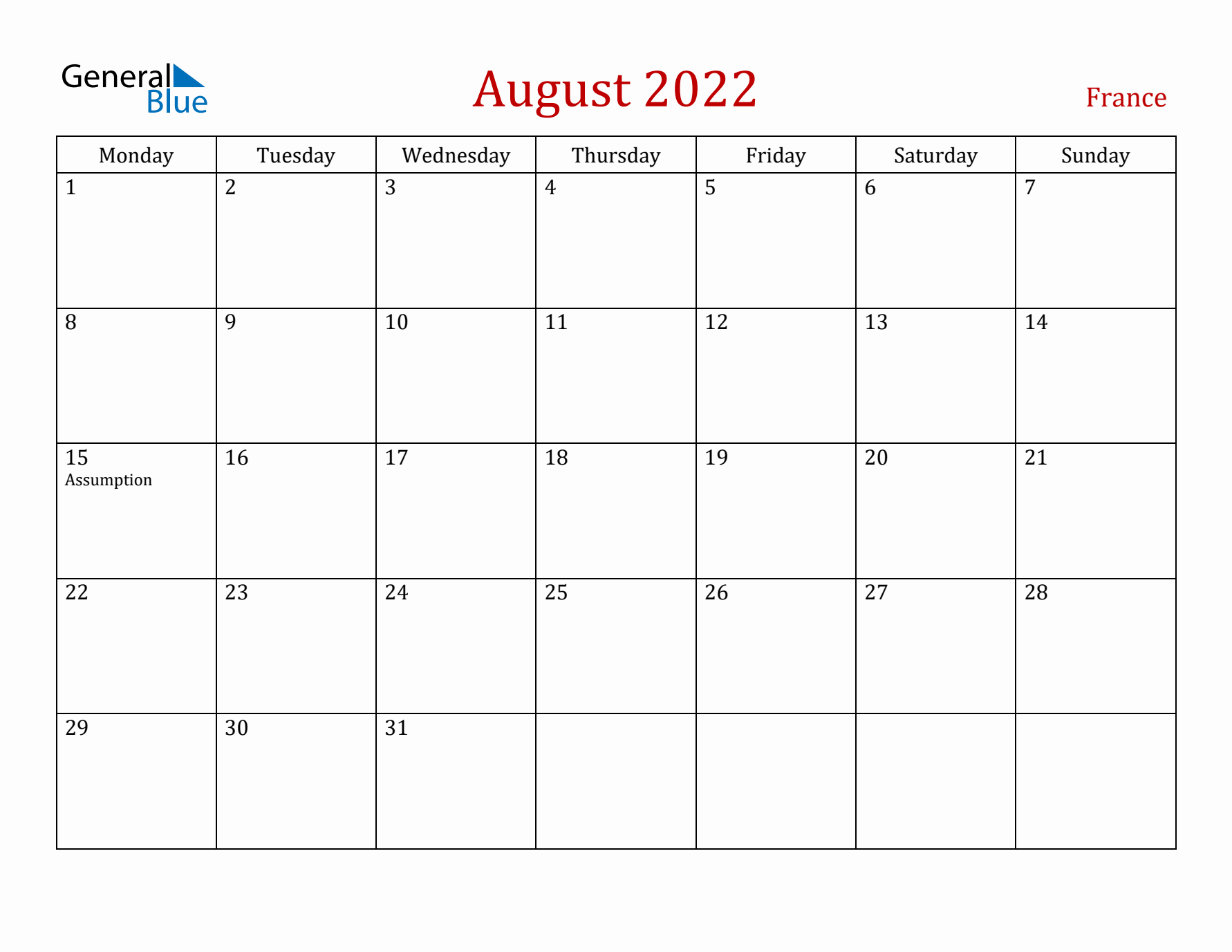 France August 2022 Calendar - Monday Start
