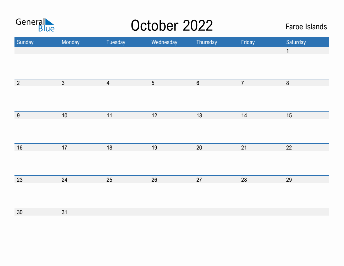 Editable October 2022 Calendar with Faroe Islands Holidays