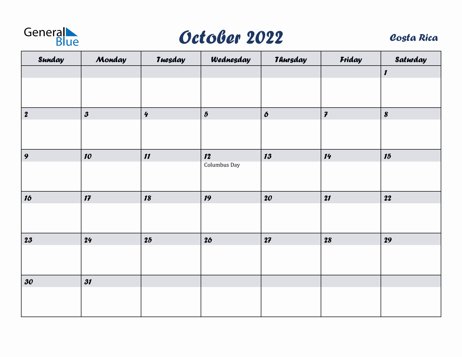 October 2022 Calendar with Holidays in Costa Rica