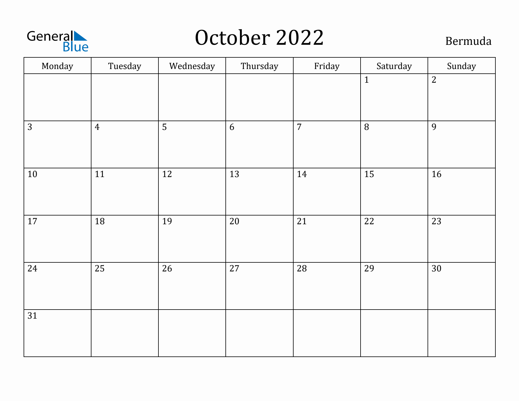 October 2022 Calendar Bermuda