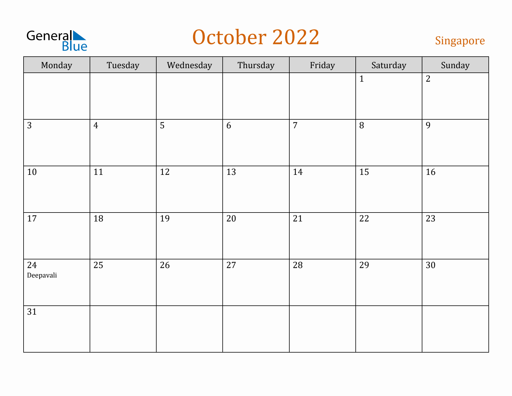 October 2022 Holiday Calendar with Monday Start