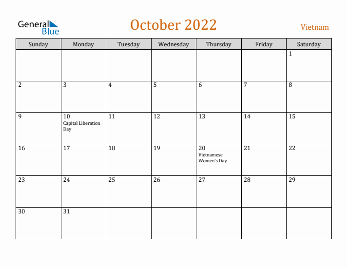 October 2022 Holiday Calendar with Sunday Start