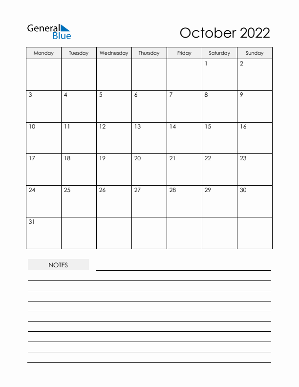 Printable Calendar with Notes - October 2022