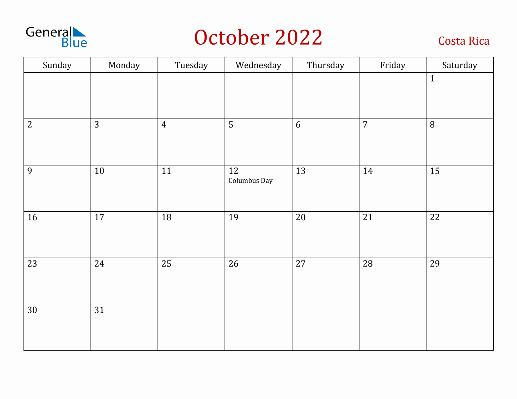 Costa Rica October 2022 Calendar - Sunday Start
