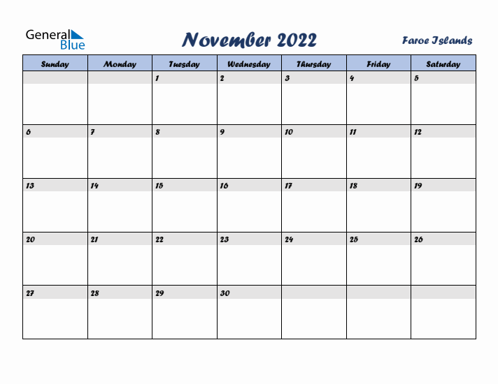 November 2022 Calendar with Holidays in Faroe Islands