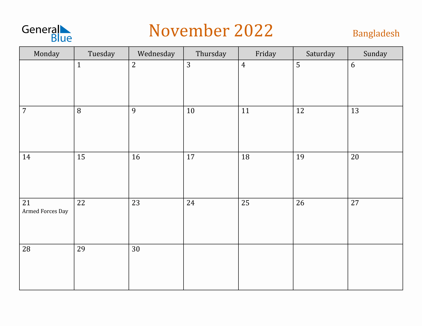 November 2022 Holiday Calendar with Monday Start
