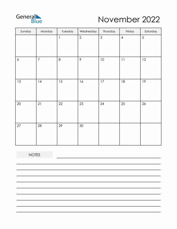 Printable Calendar with Notes - November 2022