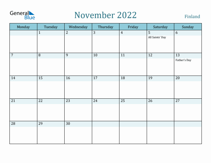 November 2022 Calendar with Holidays