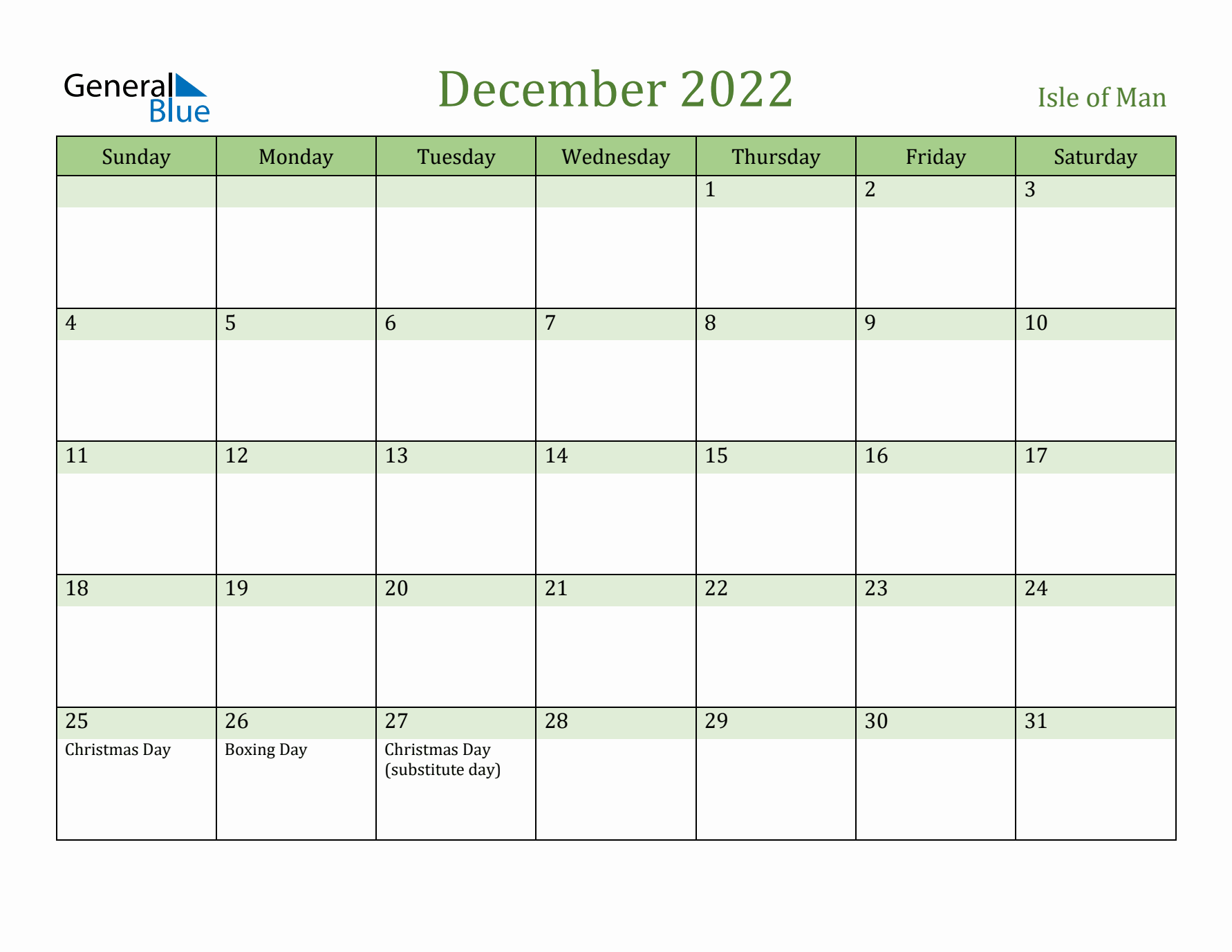 December 2022 Calendar with Isle of Man Holidays