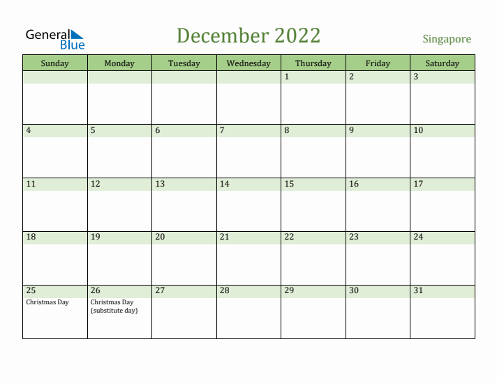 December 2022 Calendar with Singapore Holidays