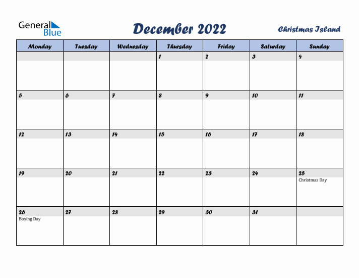 December 2022 Calendar with Holidays in Christmas Island