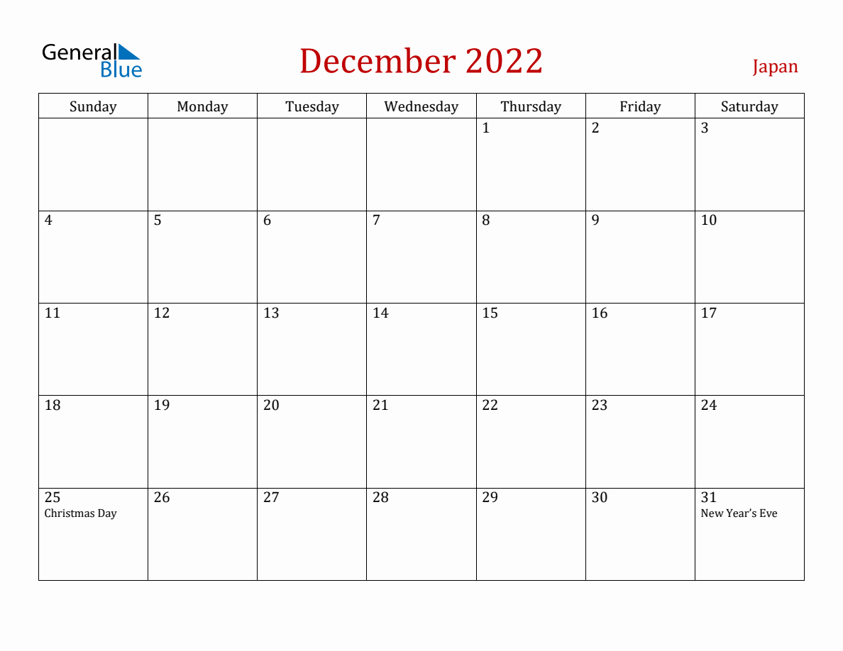 December 2022 Japan Monthly Calendar with Holidays