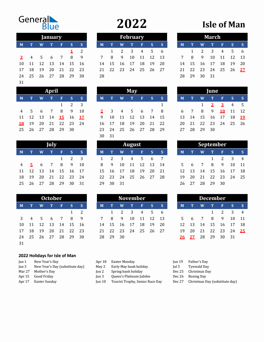 2022 Isle of Man Holiday Calendar - Monday Start
