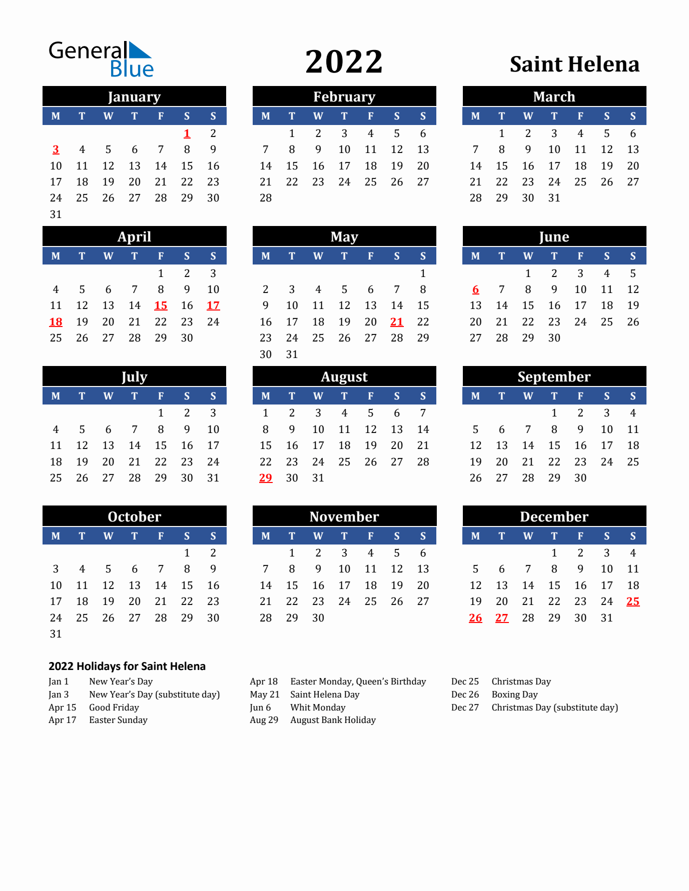 2022 Saint Helena Holiday Calendar