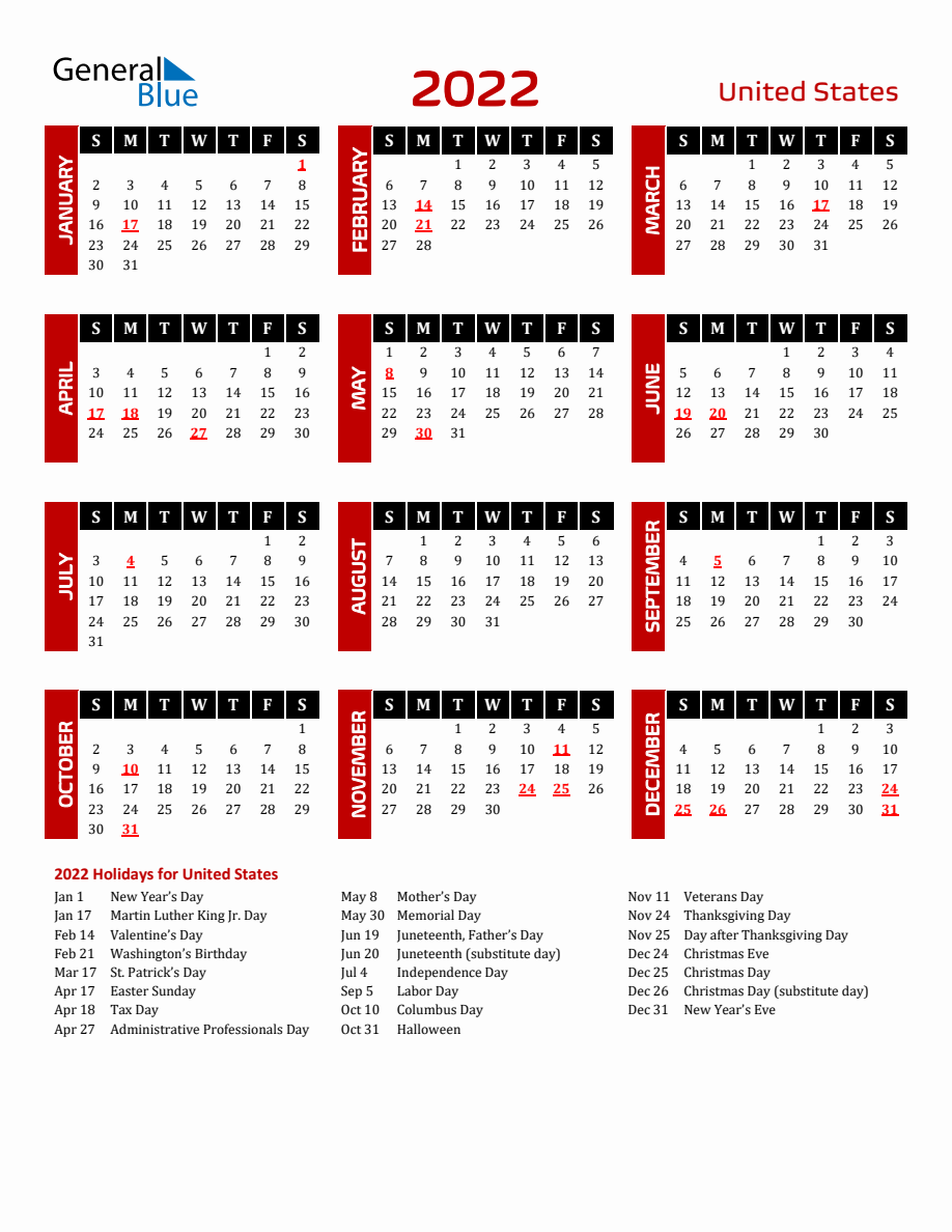 United States 2022 Yearly Calendar Downloadable