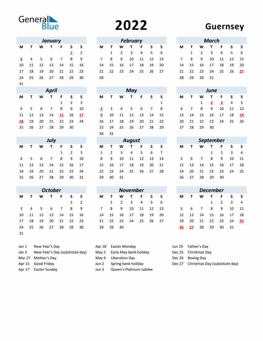 2022 Yearly Calendar for Guernsey with Holidays - Monday Start