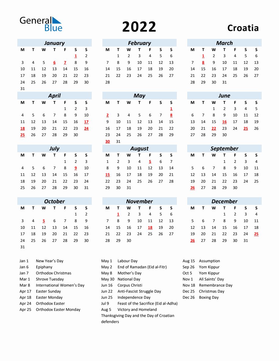 2022 Yearly Calendar for Croatia with Holidays - Monday Start