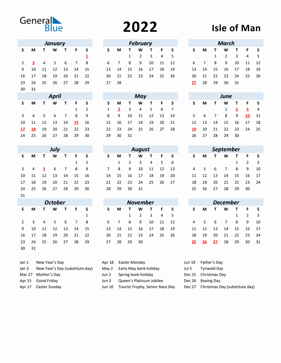 2022 Yearly Calendar for Isle of Man with Holidays