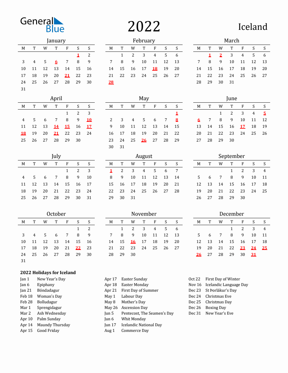 Free Iceland Holidays Calendar for Year 2022 - Monday Start